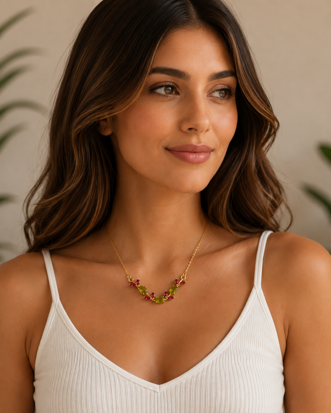 Collier ELYRA Jardin Précieux – Pierres Vertes & Rose Rubis